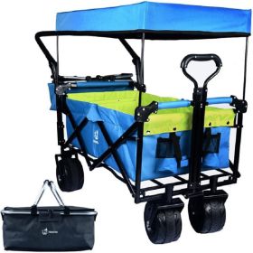 Collapsible Wagon Heavy Duty Folding Wagon Cart with Removable Canopy, 4" Wide Large All Terrain Wheels, Brake, Adjustable Handles